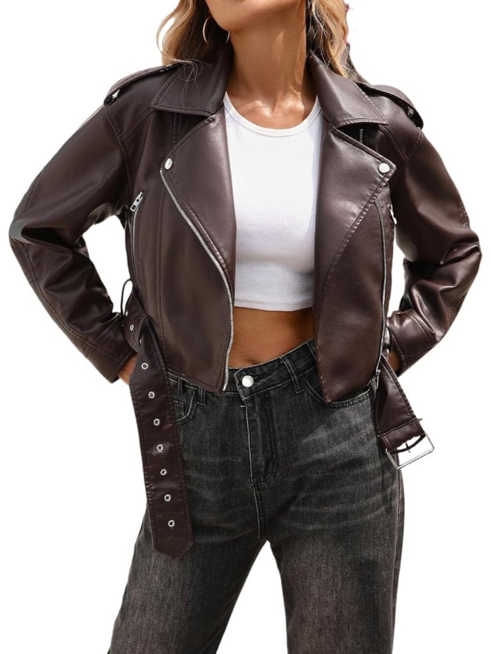 Women's Chocolate Long Sleeve Coat Fall Belt Faux Leather Winter Cropped Jacket